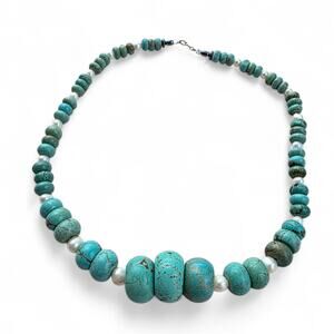 Handmade 925 Stamped Sterling Silver Choker Necklace Turquoise Blue Pearl New